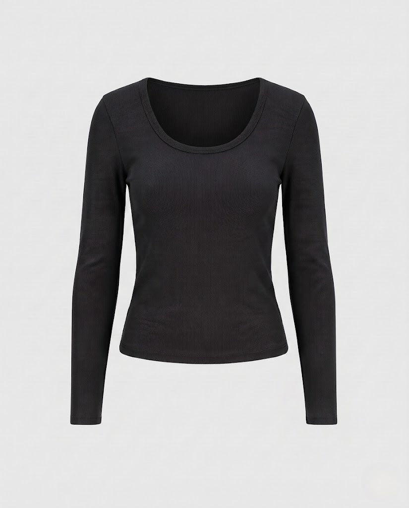 Women's Fitted Long Sleeve Shirt made of Cotton Blend with Boat Neck Mune Fashion