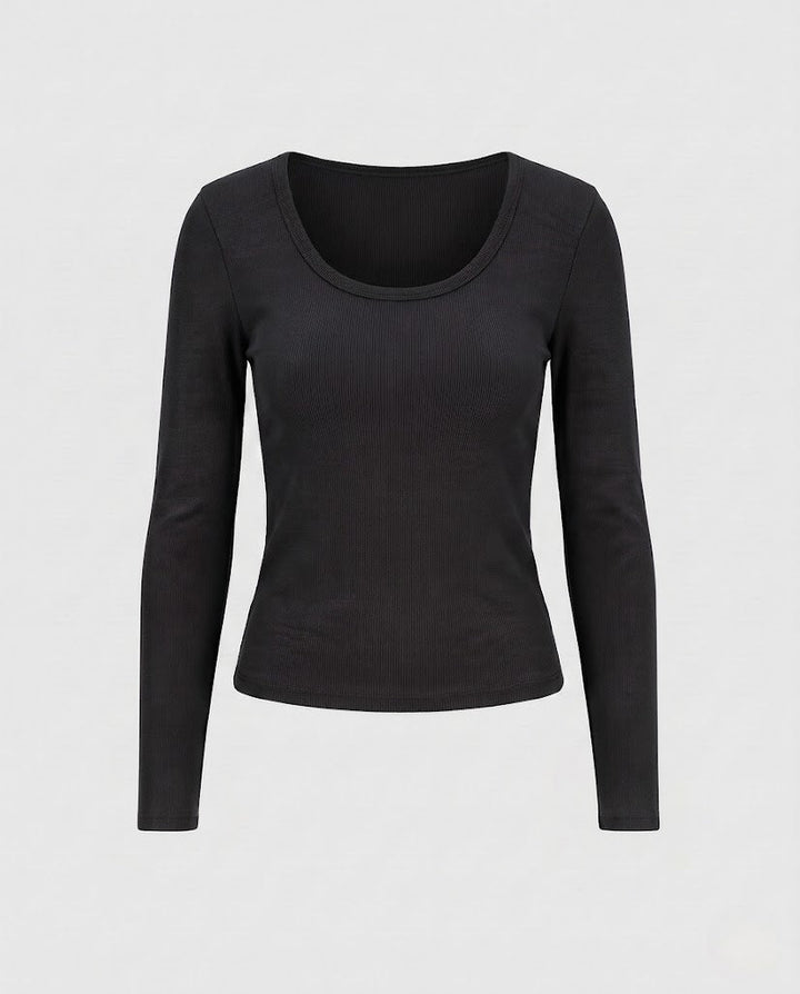 Women's Fitted Long Sleeve Shirt made of Cotton Blend with Boat Neck Mune Fashion