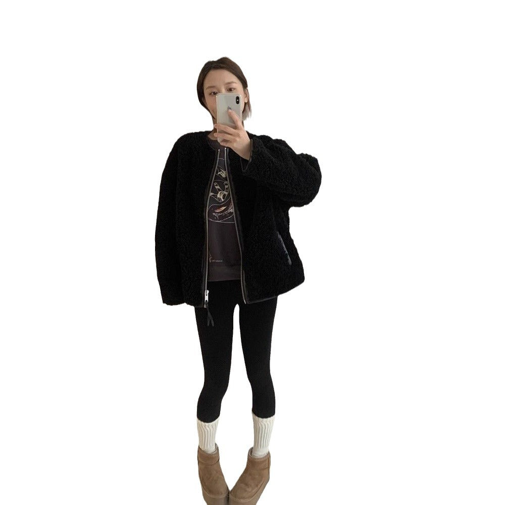 Sheep fur coat for women, round neckline