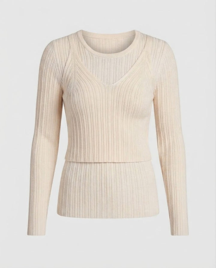 Women's layered look ribbed fine knit long sleeve with integrated spaghetti strap cami Mune Fashion
