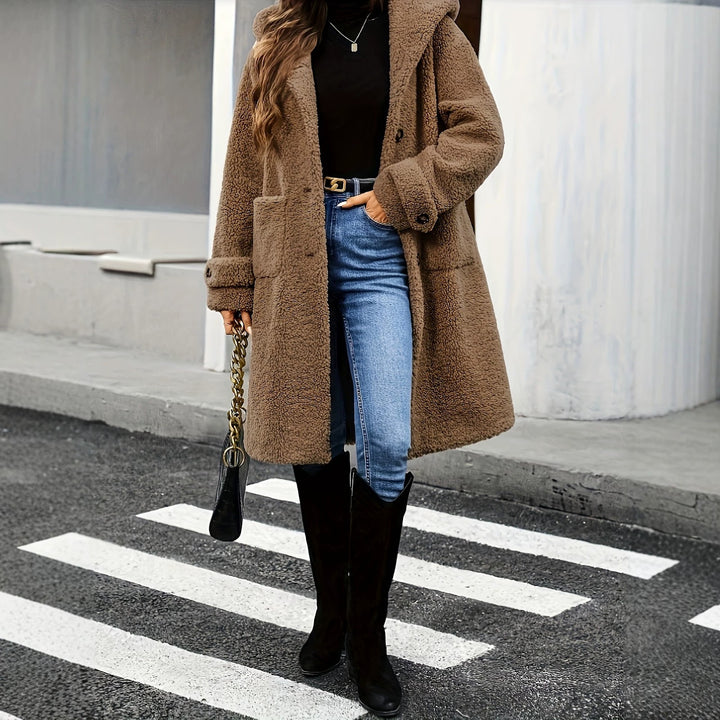 Teddy coat with hood, mid-length, women's