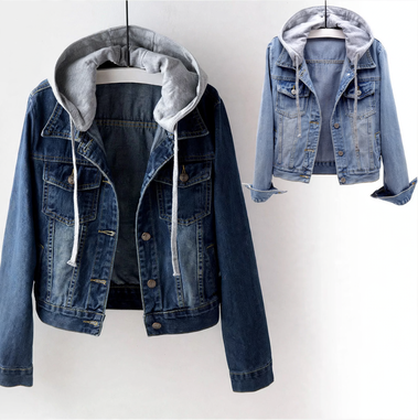Padded women's denim jacket with detachable hood