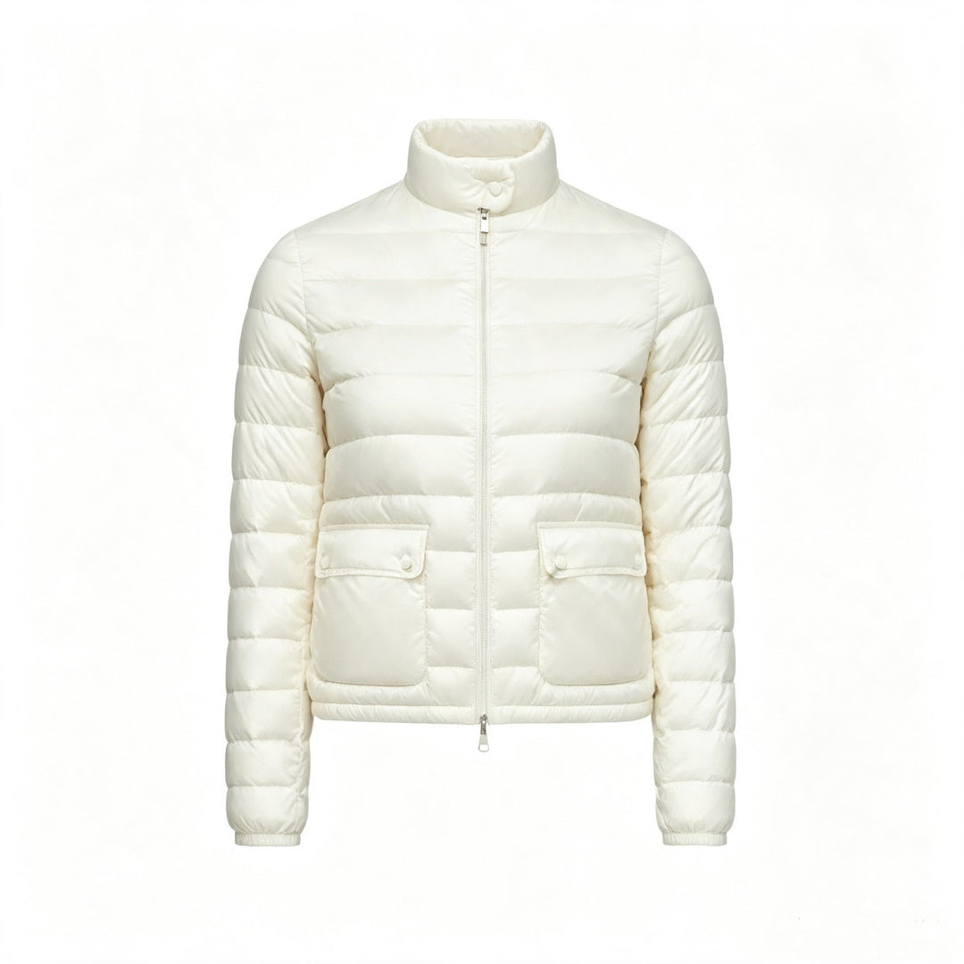 Light women's down jacket, stand-up collar, white goose down