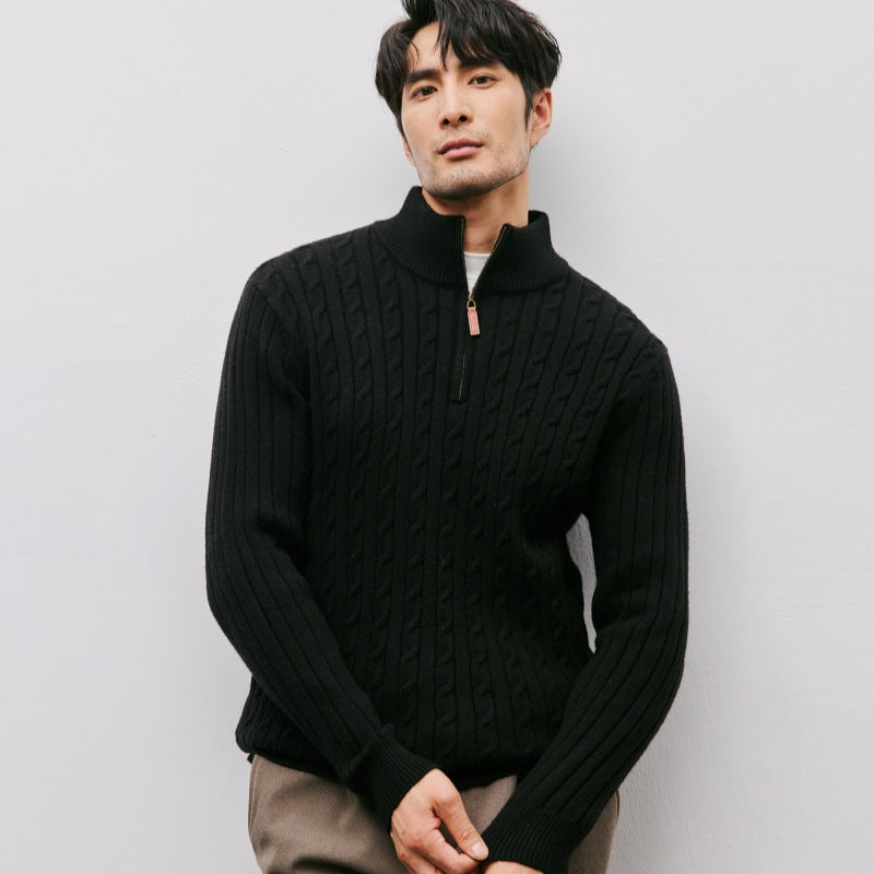 Men's knit sweater with stand-up collar and zipper