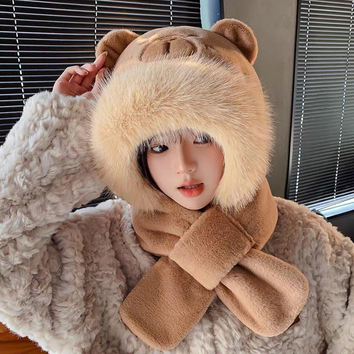 Plush hooded scarf with animal design, lined