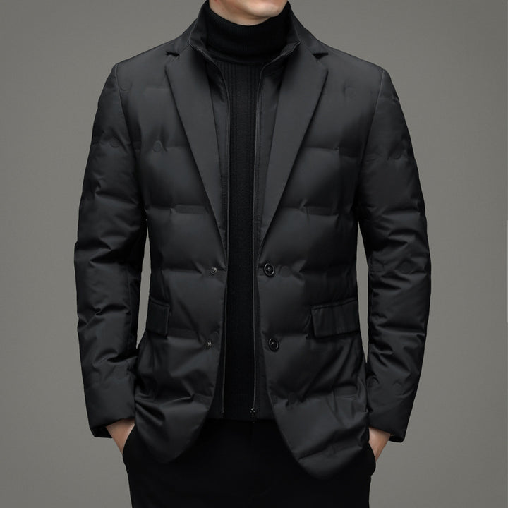 Men's down jacket, blazer style, detachable stand collar