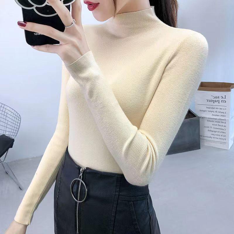 Women's knitted pullover with stand-up collar, slim fit
