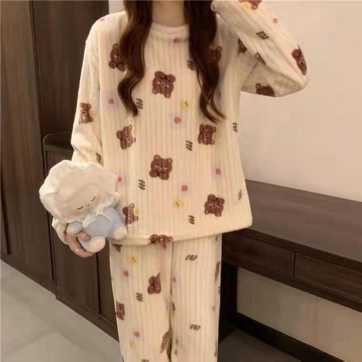 Fluffy coral fleece pajamas with bear motif