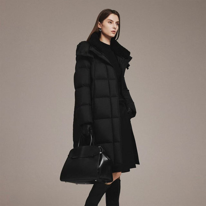 Long women's down coat with lambskin collar