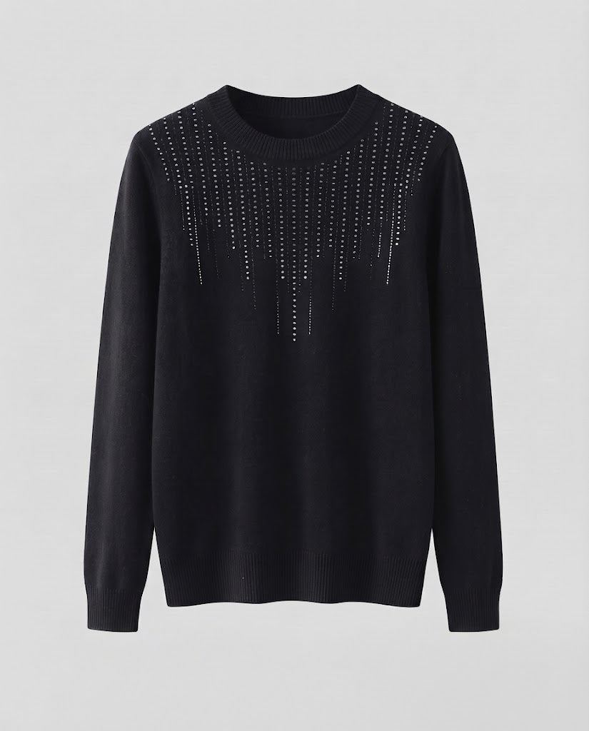 Women's Fine Crew Neck Sweater with Sparkling Rhinestone Cascade and Cashmere-like Texture Mune Fashion