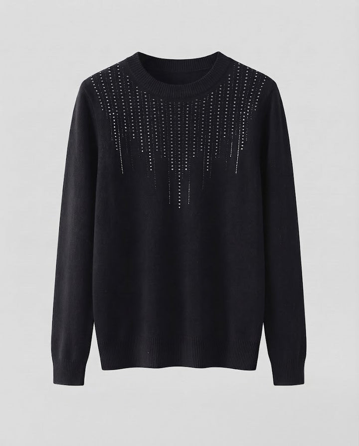 Women's Fine Crew Neck Sweater with Sparkling Rhinestone Cascade and Cashmere-like Texture Mune Fashion