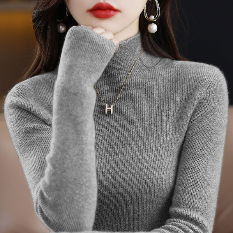 Ladies knit pullover with stand-up collar, seamless