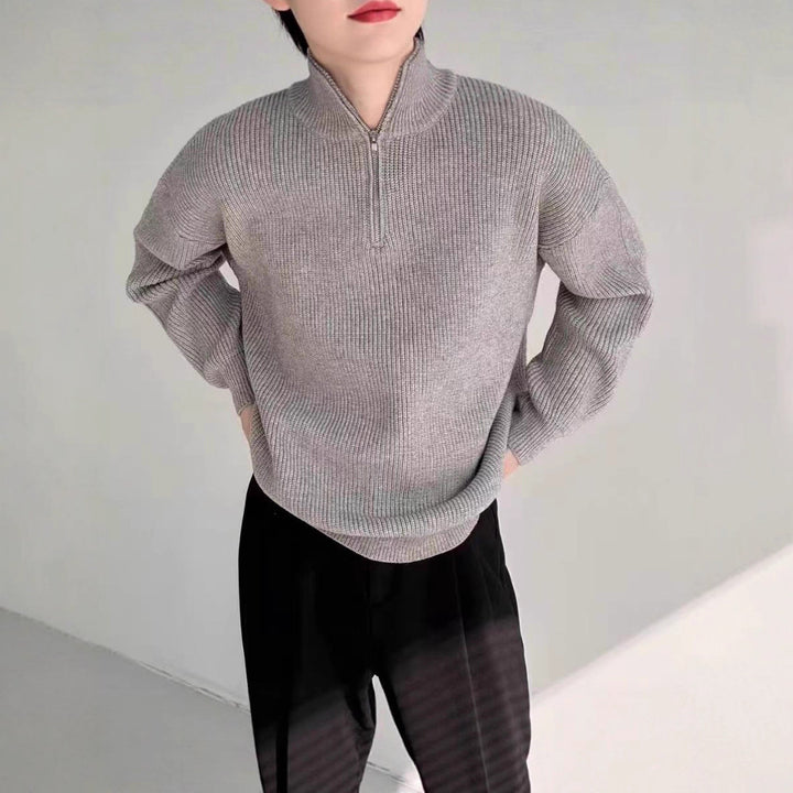 Men's knit sweater with stand-up collar and zipper
