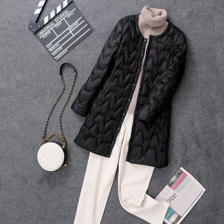 Lightweight, mid-length down jacket, collarless