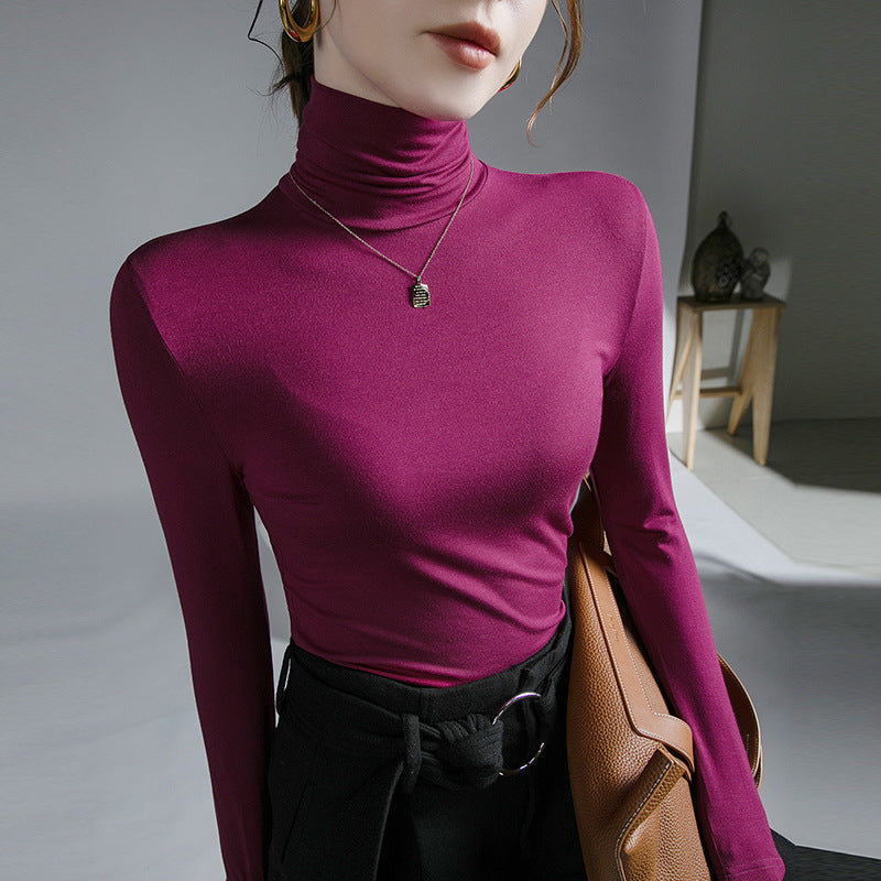Elastic women's long-sleeve shirt with roll collar