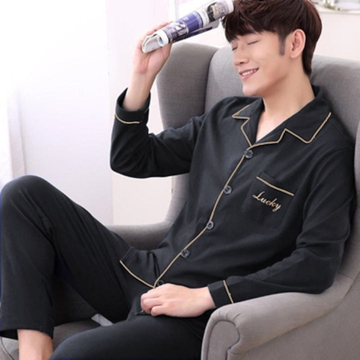 Men's cotton pajama set, long sleeve, with button placket
