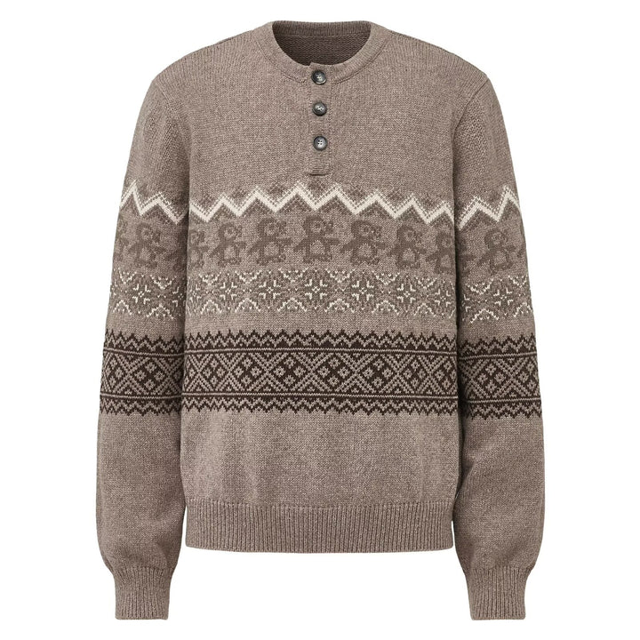 Unisex knitted sweater with fair isle pattern and button placket