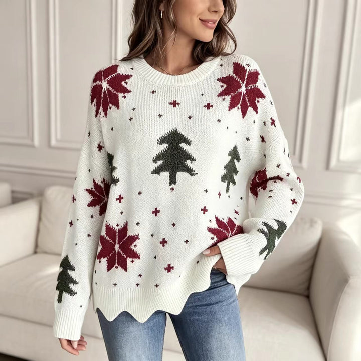 Women's knit sweater with round neck and floral pattern