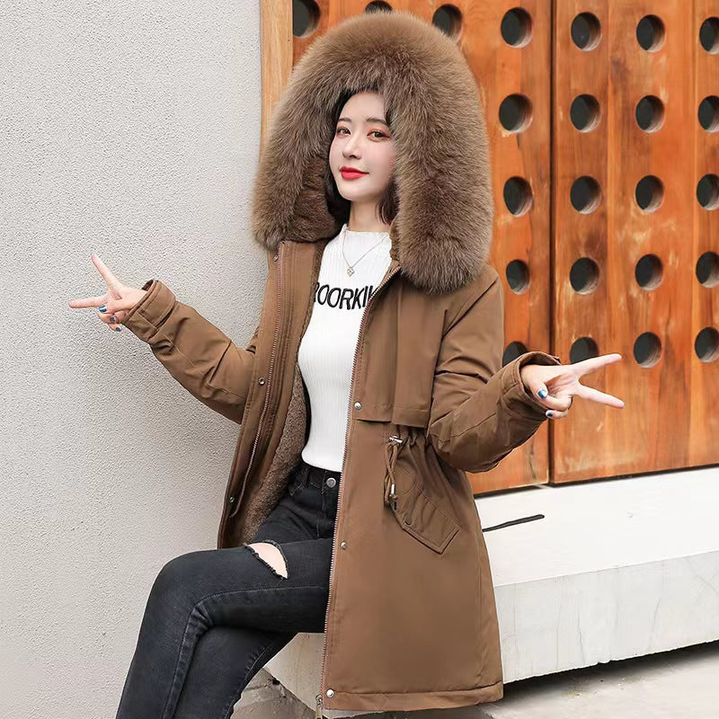 Women's parka, mid-length, padded, faux fur collar