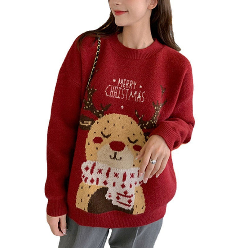Loose women's Christmas sweater with reindeer motif
