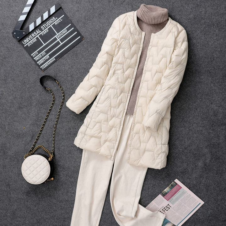 Lightweight, mid-length down jacket, collarless