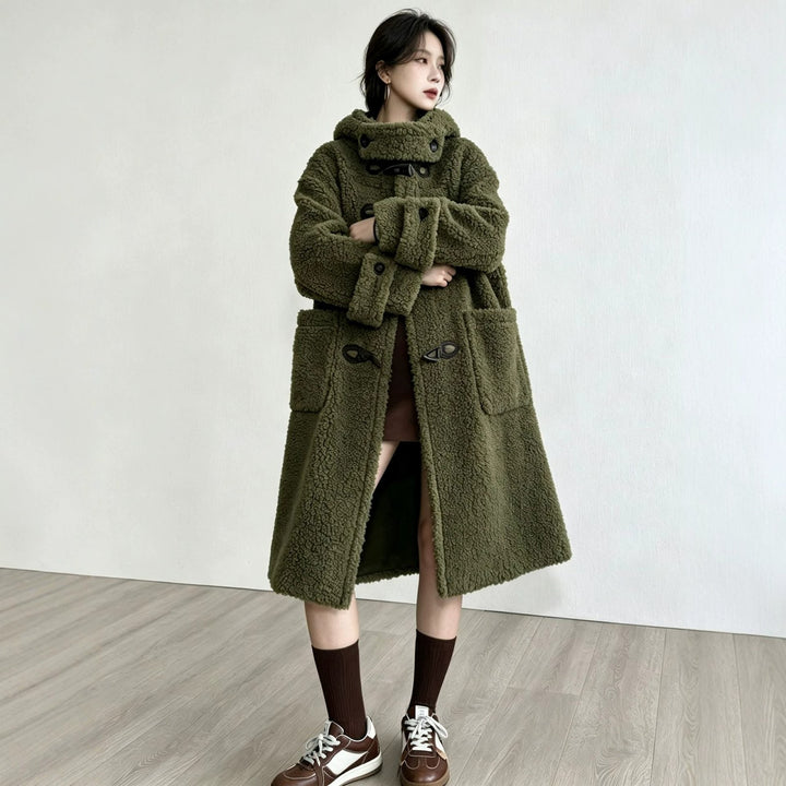 Long lamb fleece imitation coat with hood