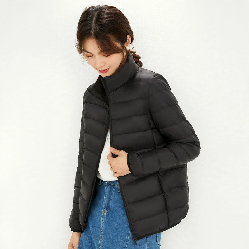 Light down jacket for women, stand-up collar, white, duck down