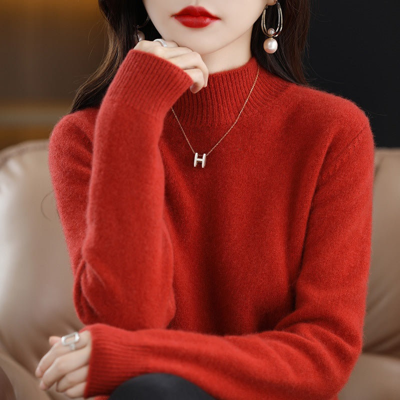Women's wool pullover with stand-up collar and ribbed texture