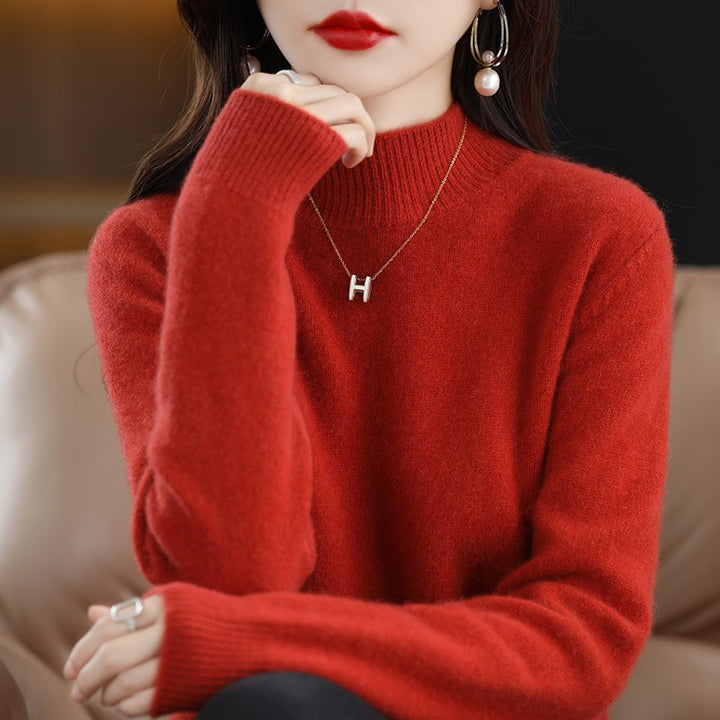 Women's wool pullover with stand-up collar and ribbed texture