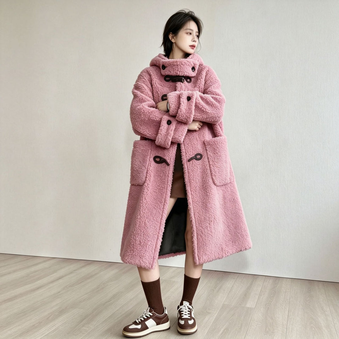 Long lamb fleece imitation coat with hood