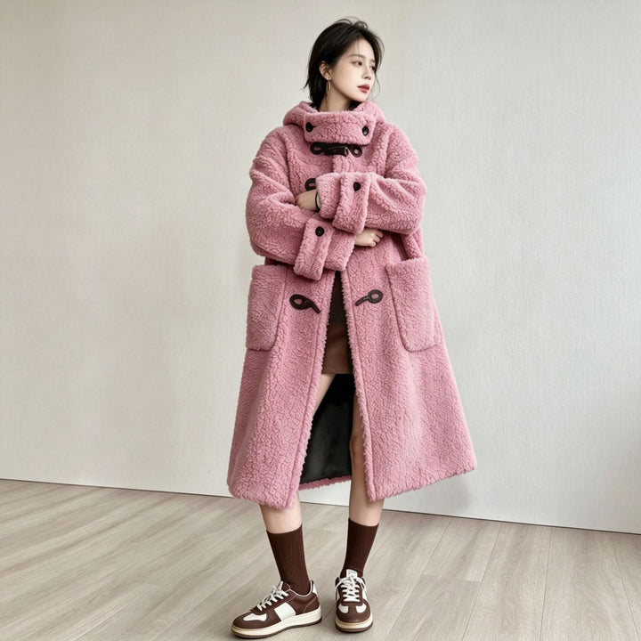 Long lamb fleece imitation coat with hood