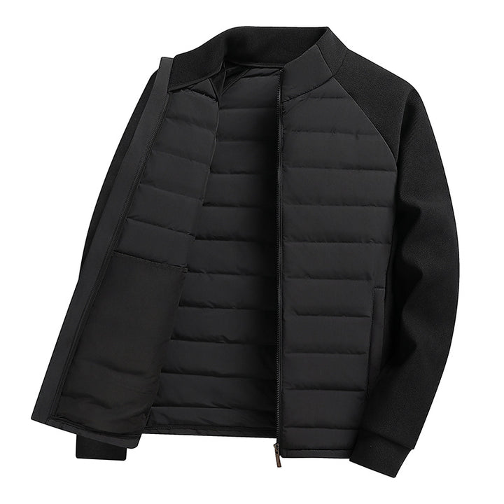 Men's down jacket with knit details and stand-up collar