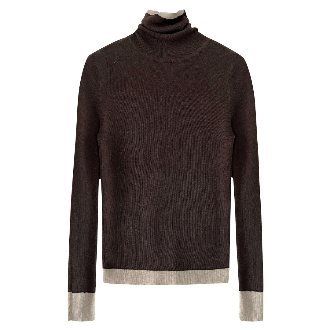Women's knit pullover with stand-up collar and contrast details