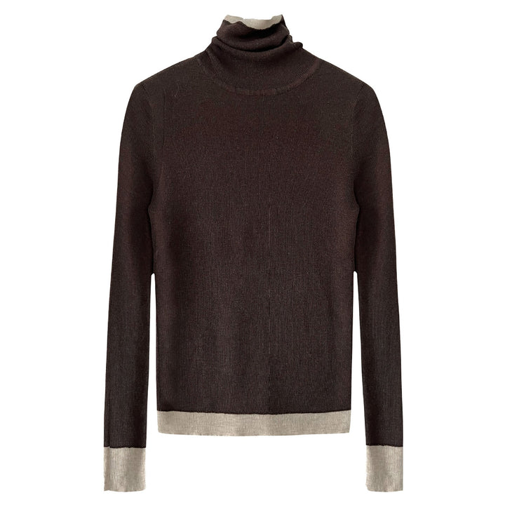 Women's knit pullover with stand-up collar and contrast details