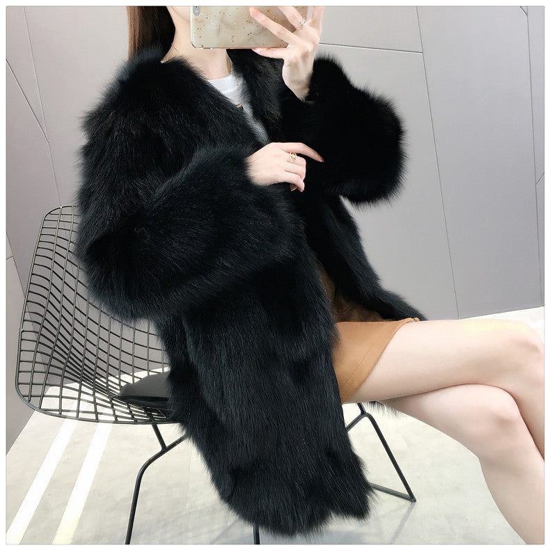 Women's Faux Fur Coat, Mid-Length, V-Neck
