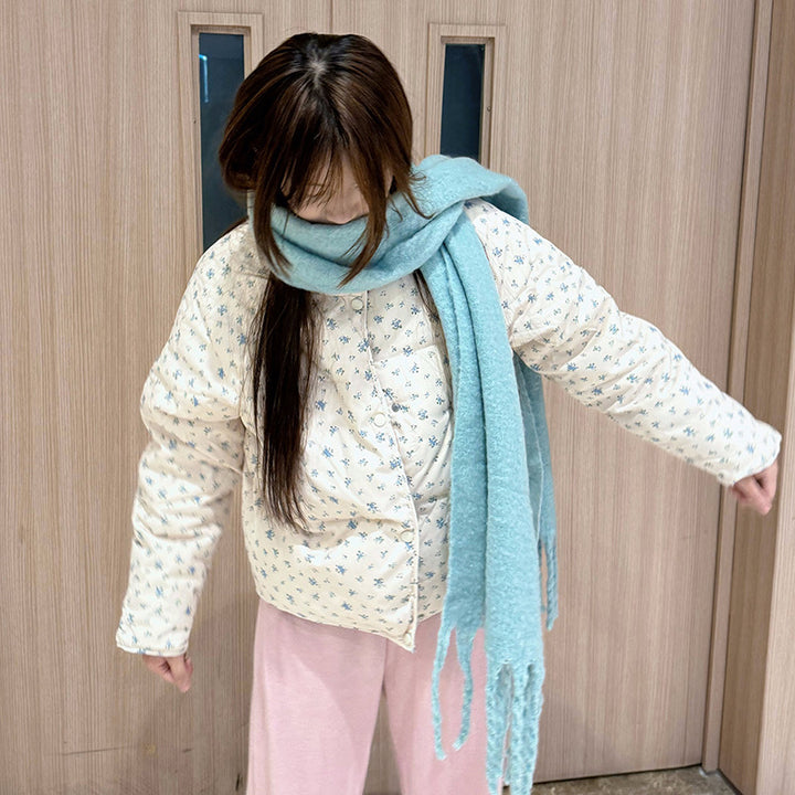 Short women's quilted jacket with floral pattern, oversized fit