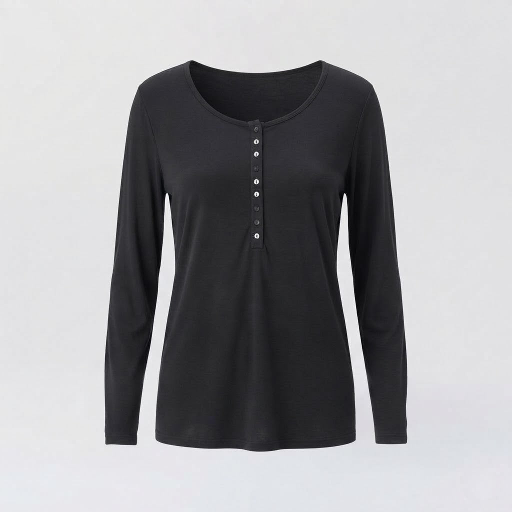 Women's Long Sleeve Henley Top made of Soft Viscose Blend with Button Placket Mune Fashion