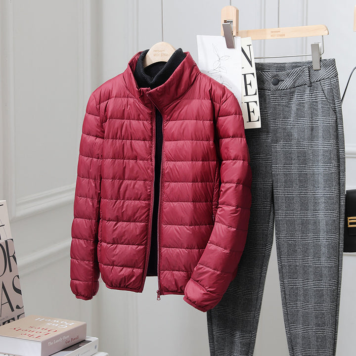 Light women's down jacket, stand-up collar, 90% duck down