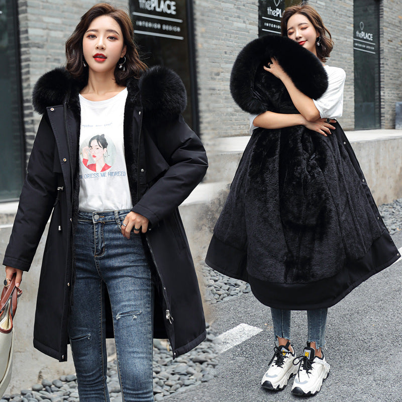 Padded parka with lamb fleece and fur collar for women