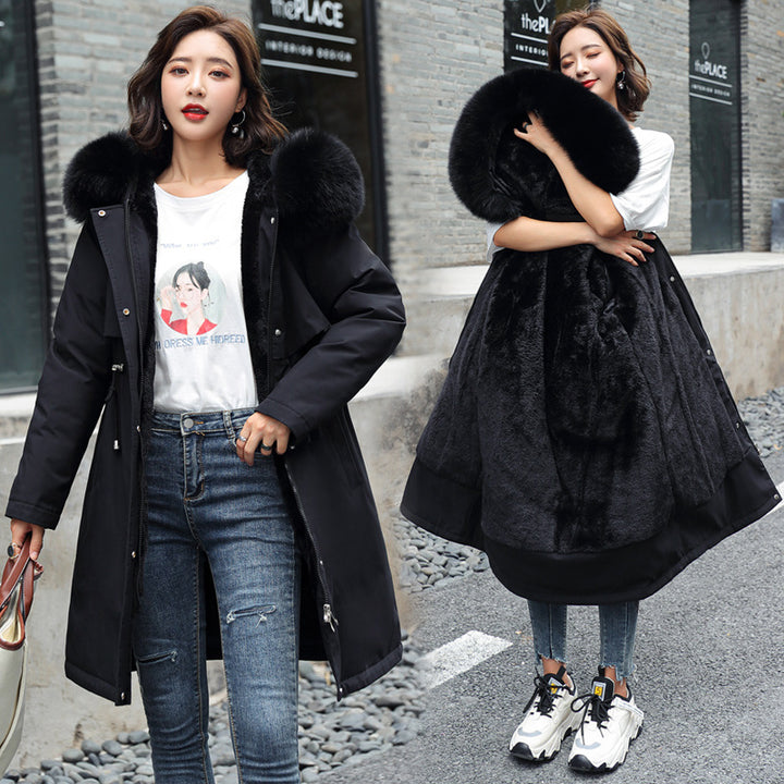 Padded parka with lamb fleece and fur collar for women