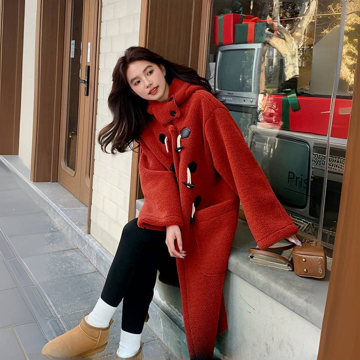 Faux fur coat with hood, knee-length