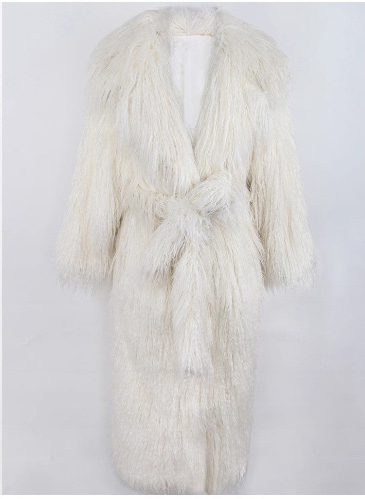 Long faux fur coat with tie belt and lapel collar