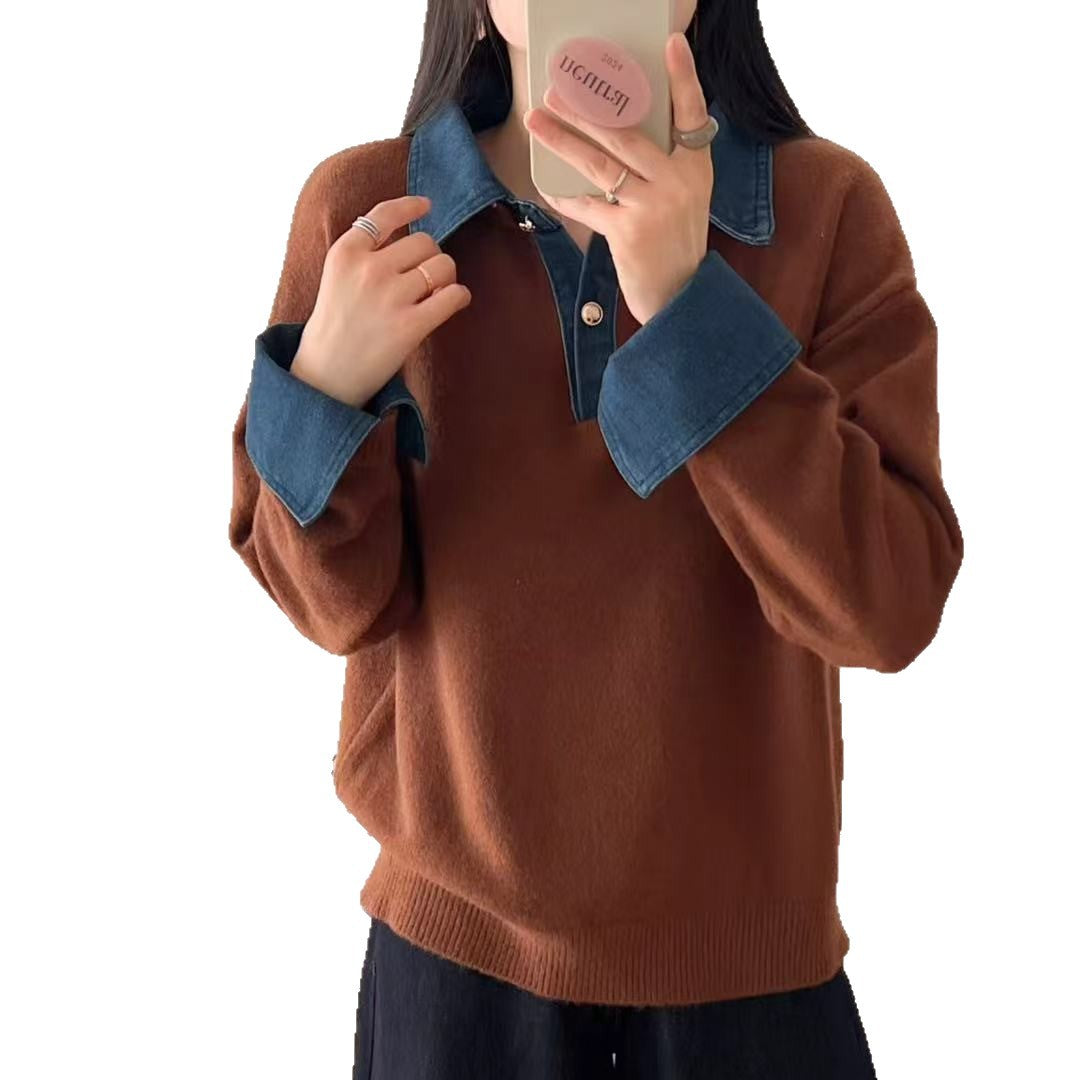 Women's knit sweater with polo collar and denim sleeves
