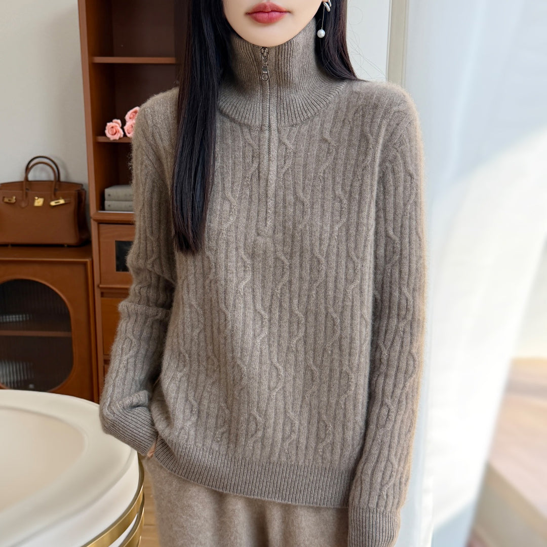 Women's wool pullover with zipper and cable pattern