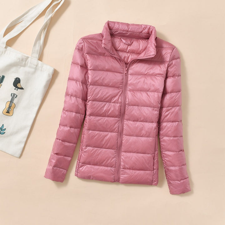 Women's down jacket, short, standing collar, tailored, with duck down
