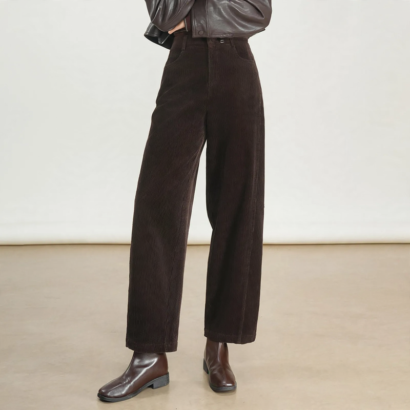 Women’s corduroy pants with a high waistband, straight-cut