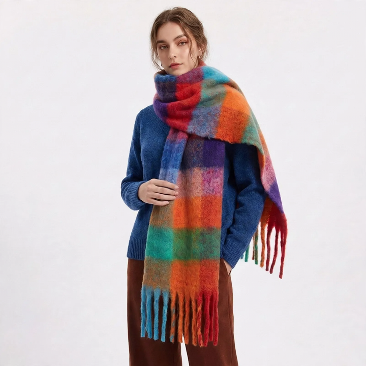 Checkered scarf in mohair look, warm for autumn and winter
