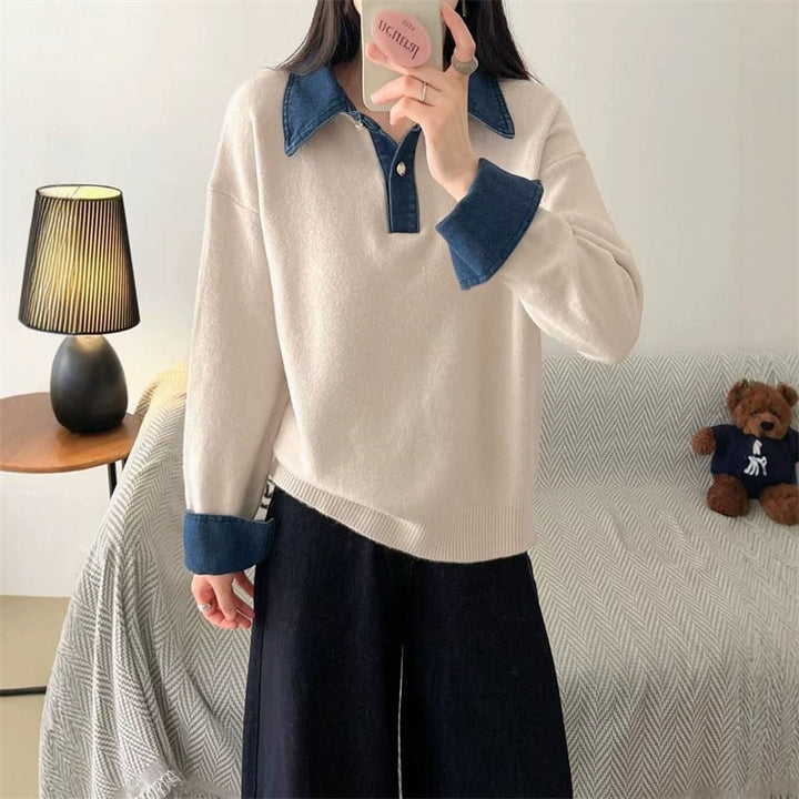 Women's knit sweater with polo collar and denim sleeves