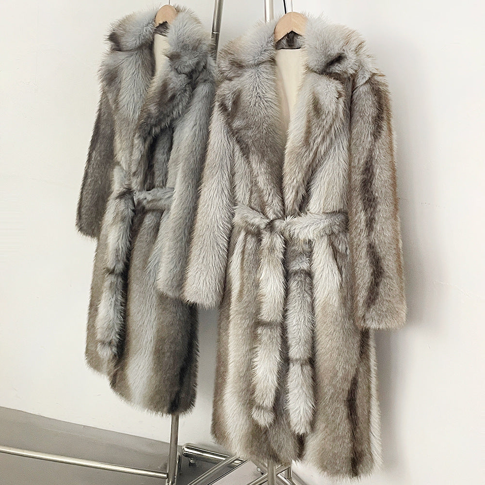 Elegant faux fur coat with lapel collar