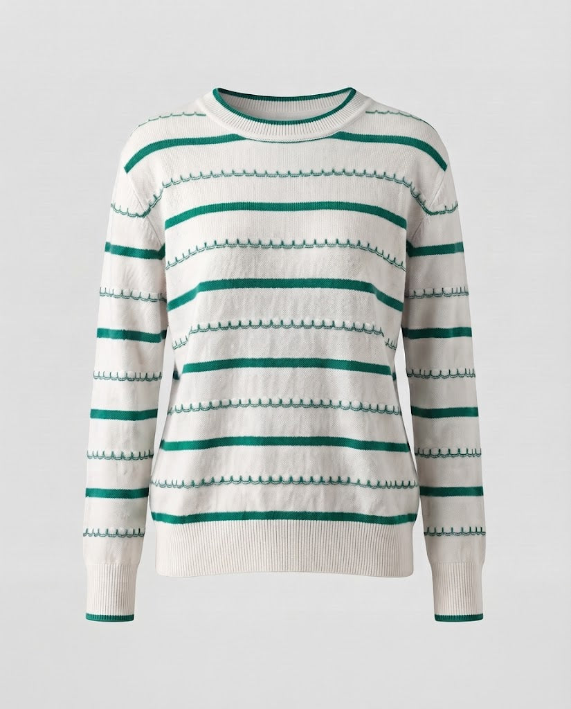 Women's Striped Fine Knit Sweater with Decorative Stitch and Round Neckline Mune Fashion
